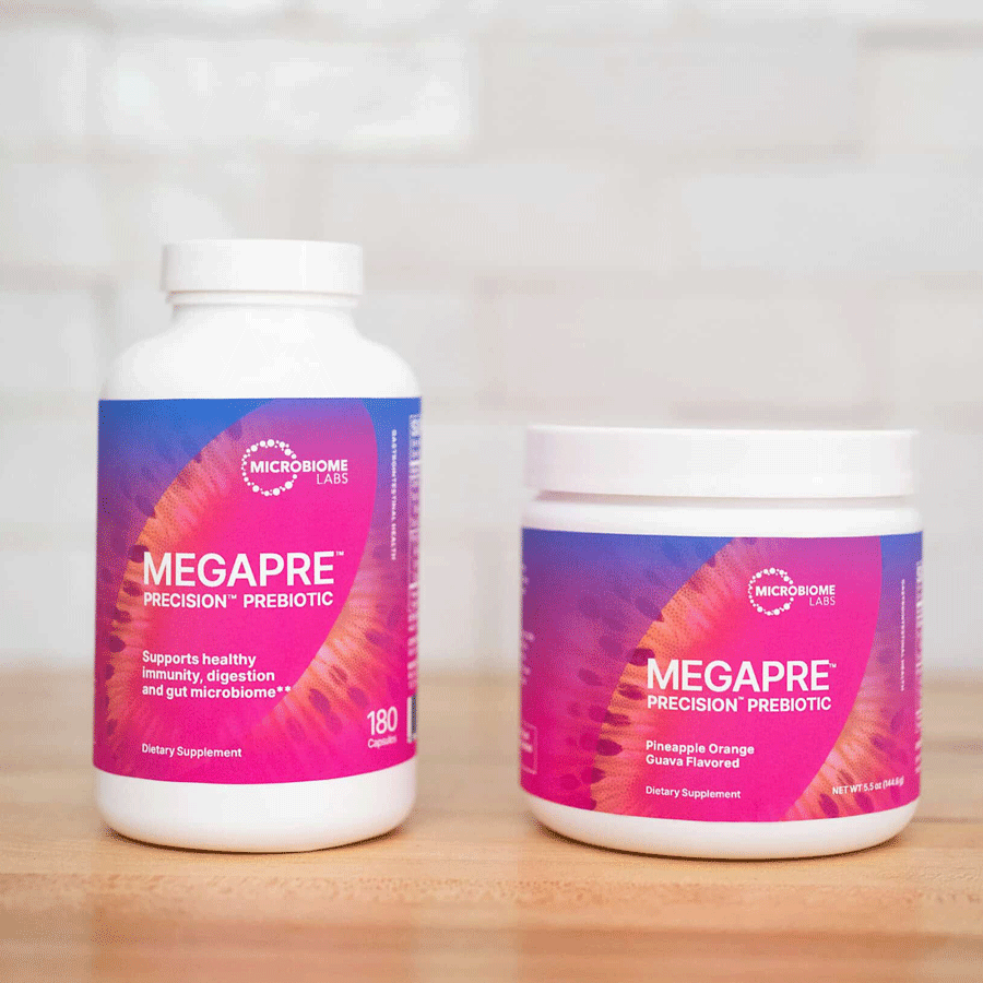 MegaPre Capsules and Powder by Microbiome Labs Side by Side Lifestyle